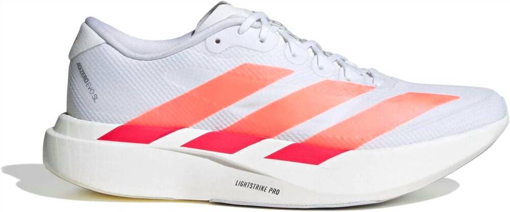NEW ADIDAS men's adizero evo sl woven shoes in white/lucid orange/lucid red